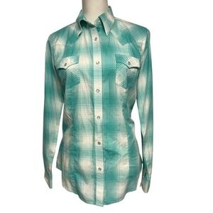 Wrangler Teal and White Plaid Button Down Shirt